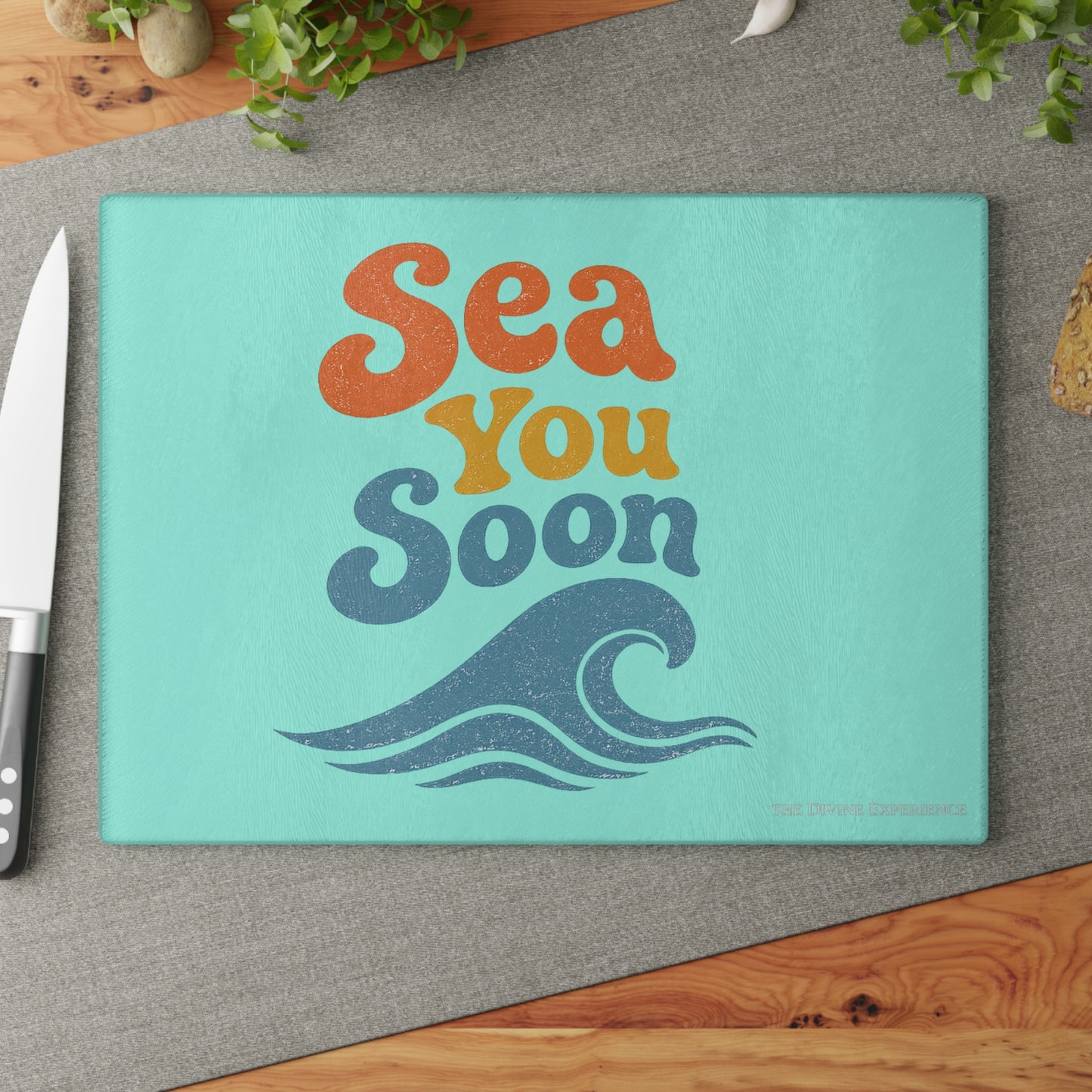 SEA YOU SOON Glass Cutting Board – Retro Beach Wave Kitchen Decor