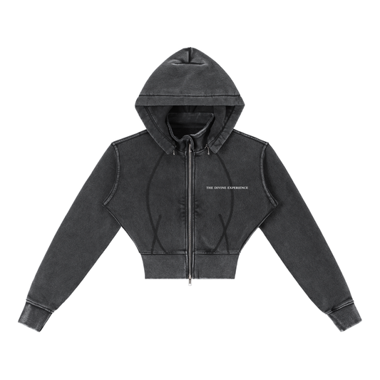 DIVINE EXPERIENCE Vintage Washed Cropped Fleece ZIP Hoodie