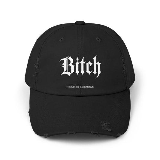 BITCH Distressed Cap – Gothic Script Embroidered Baseball Hat