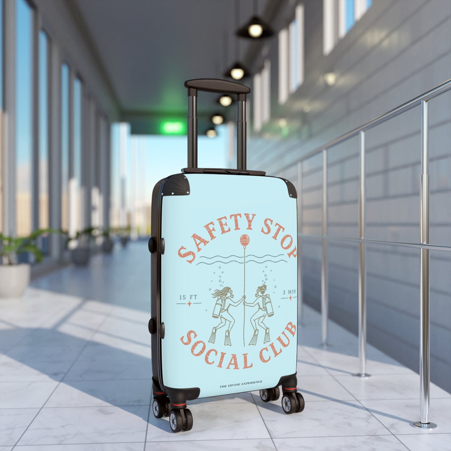SAFETY STOP SOCIAL CLUB Carry-On Suitcase — Retro Dive-Themed Scuba Travel Luggage