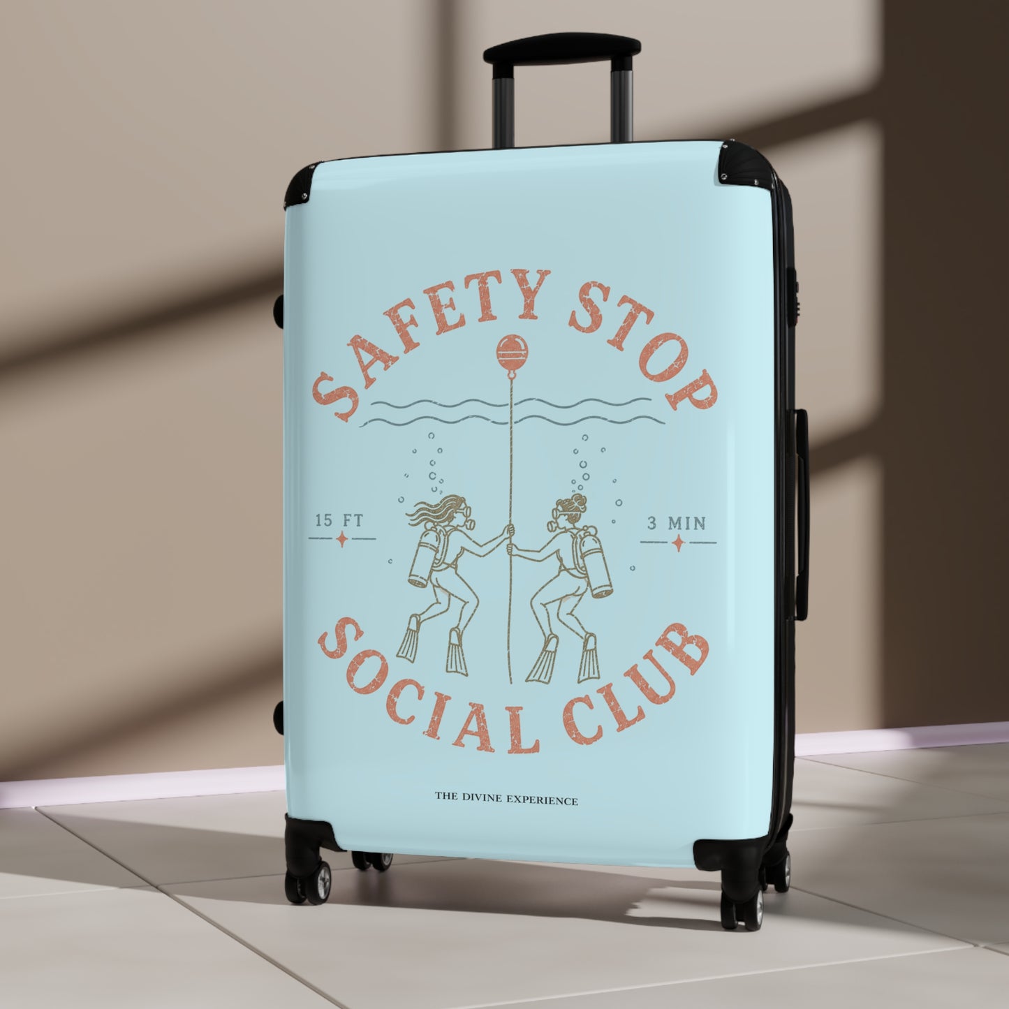 SAFETY STOP SOCIAL CLUB Carry-On Suitcase — Retro Dive-Themed Scuba Travel Luggage