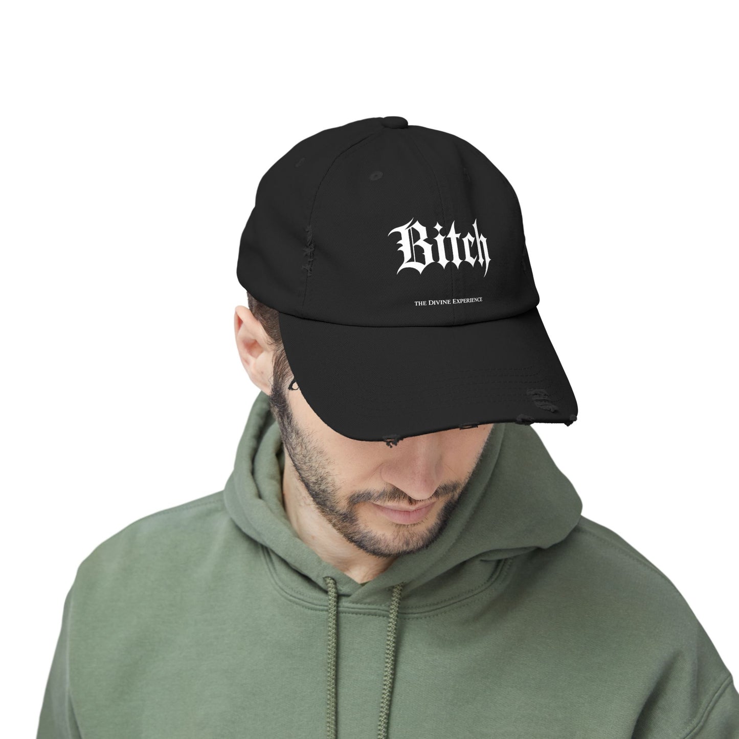 BITCH Distressed Cap – Gothic Script Embroidered Baseball Hat