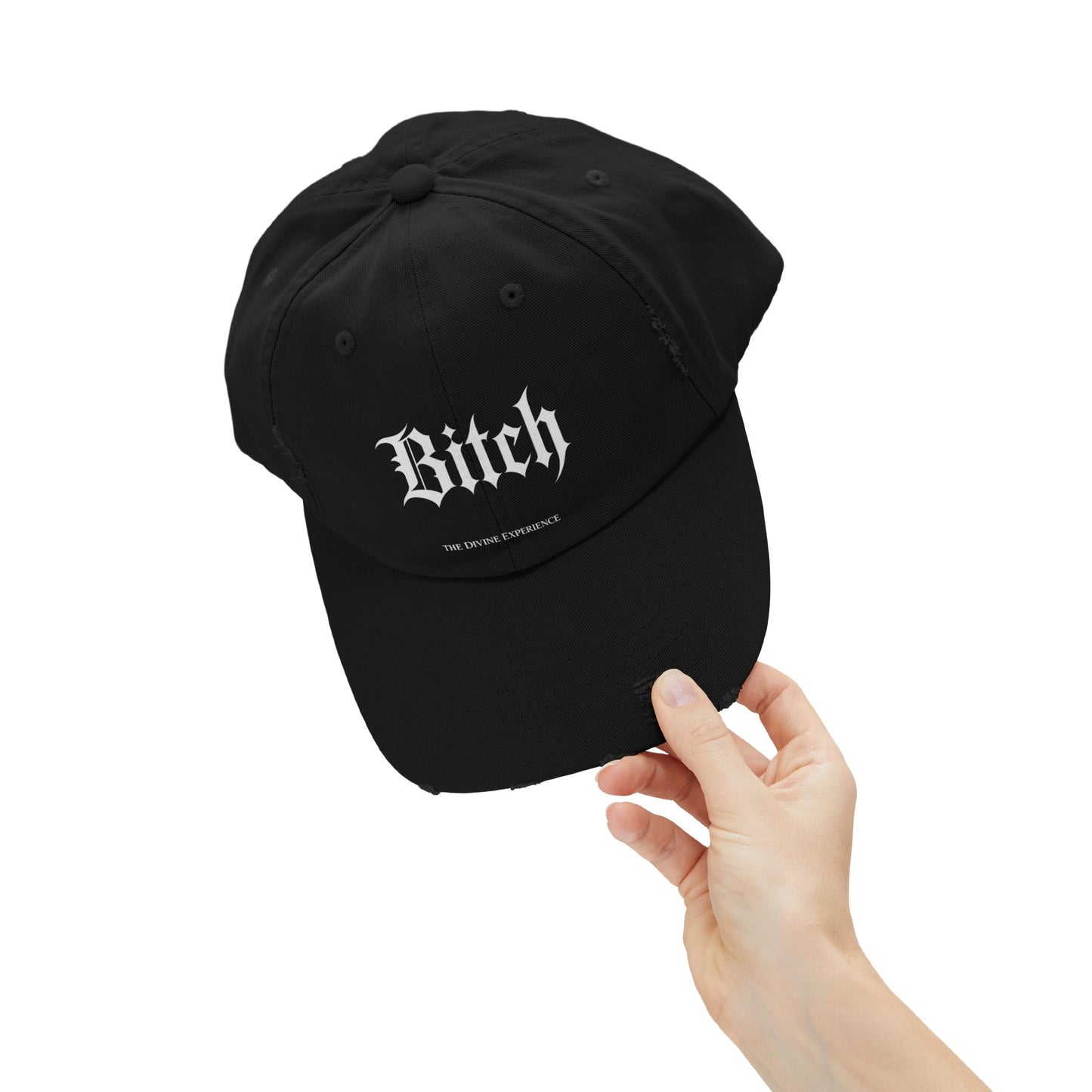 BITCH Distressed Cap – Gothic Script Embroidered Baseball Hat