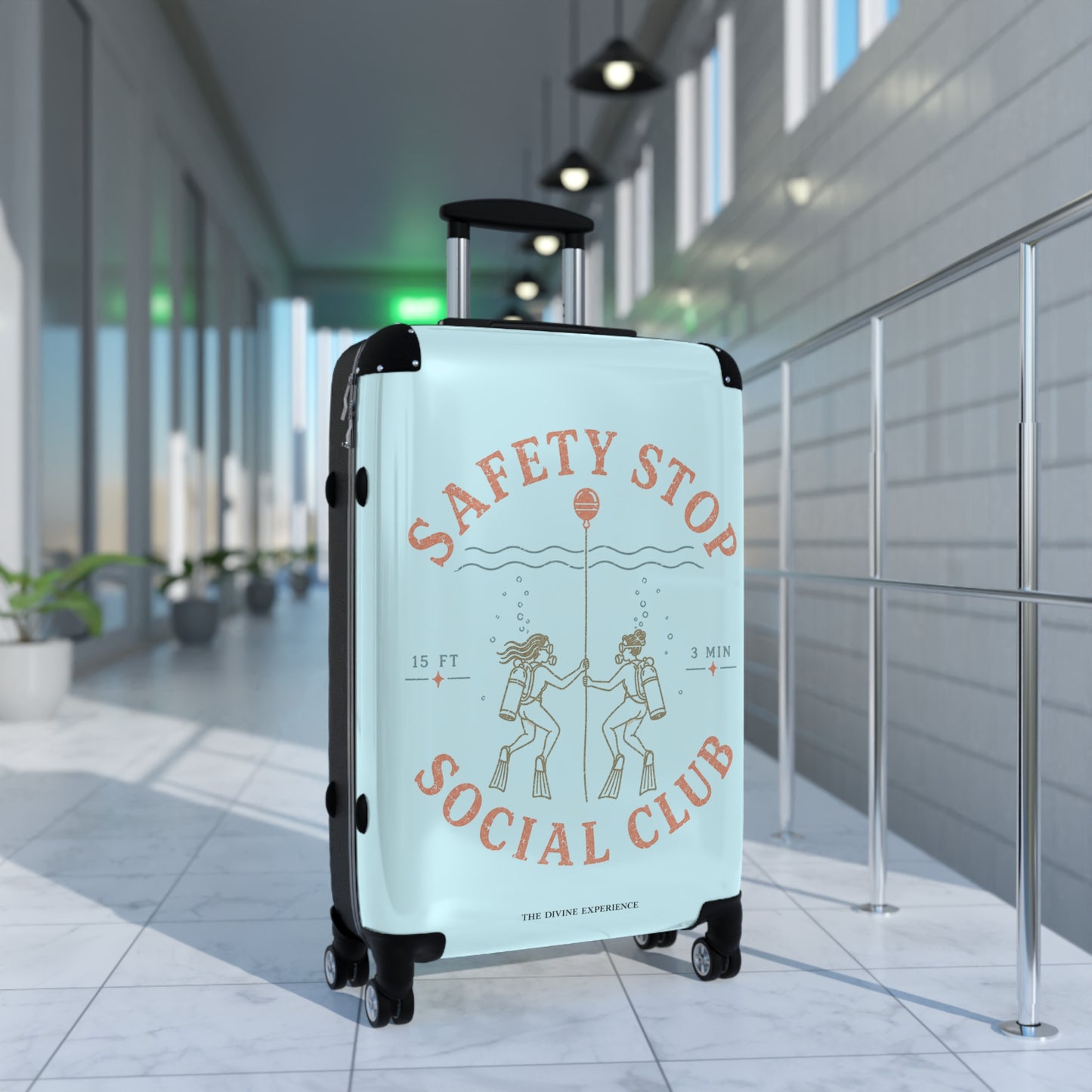 SAFETY STOP SOCIAL CLUB Carry-On Suitcase — Retro Dive-Themed Scuba Travel Luggage
