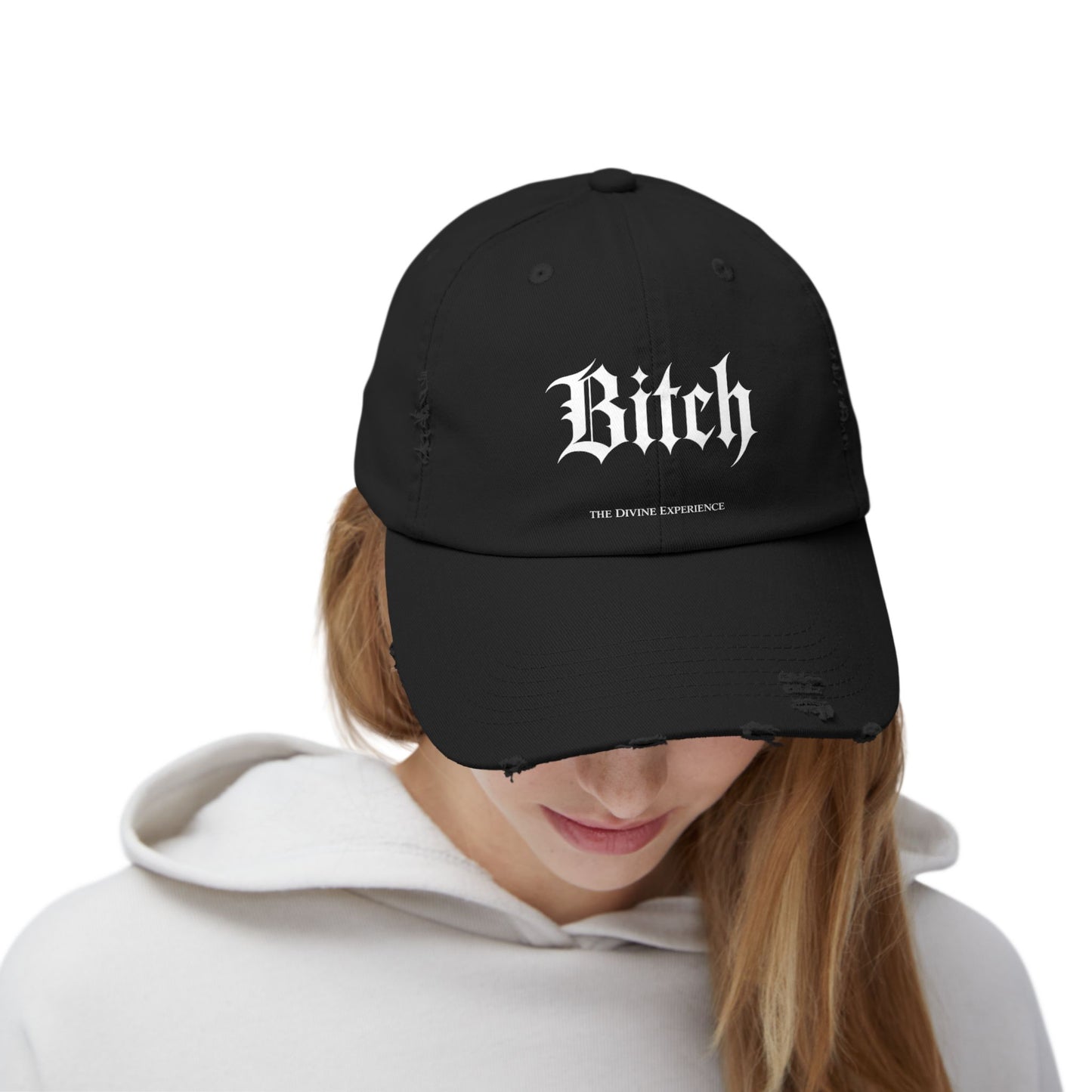 BITCH Distressed Cap – Gothic Script Embroidered Baseball Hat