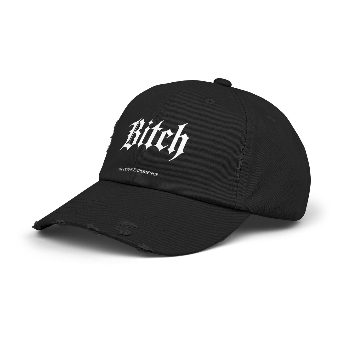 BITCH Distressed Cap – Gothic Script Embroidered Baseball Hat