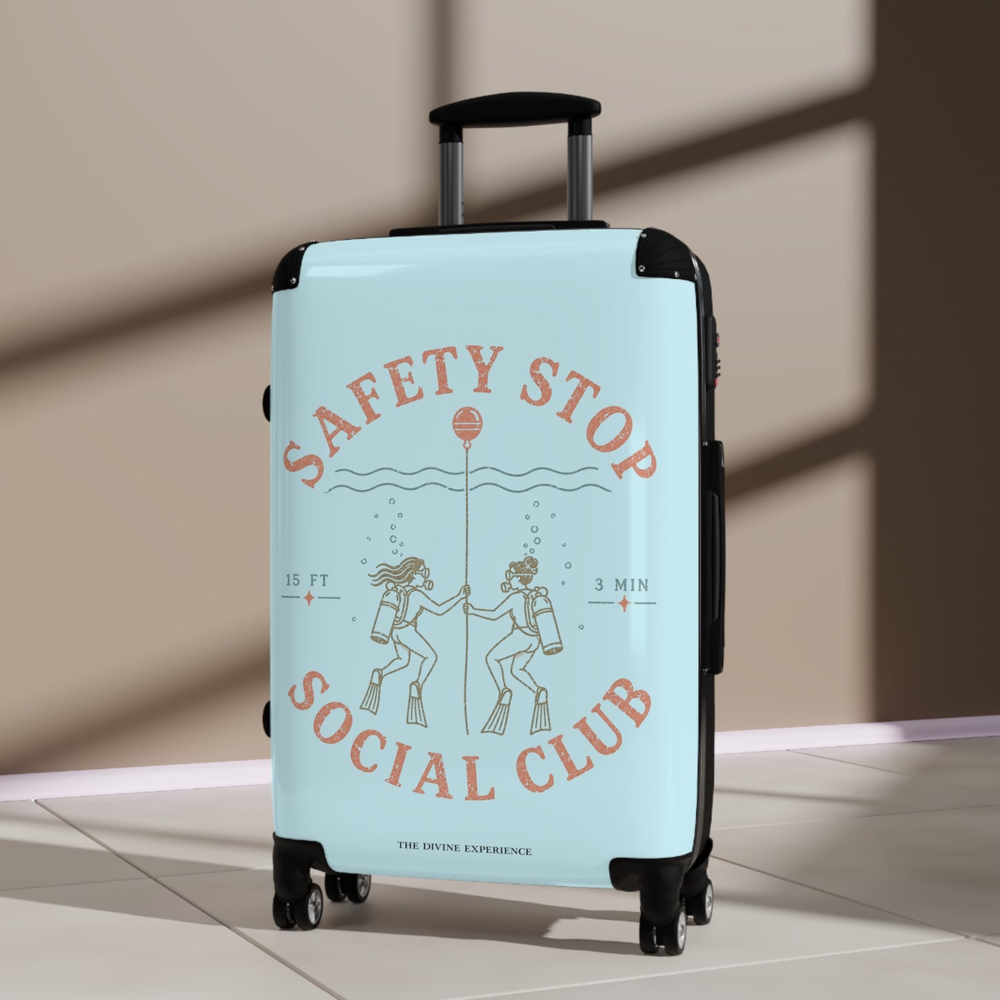 SAFETY STOP SOCIAL CLUB Carry-On Suitcase — Retro Dive-Themed Scuba Travel Luggage