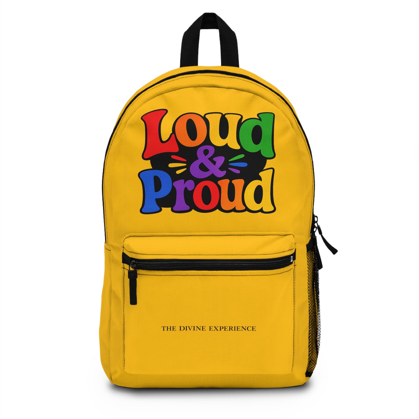 LOUD & PROUD LGBTQ Yellow Backpack — Vibrant Rainbow Statement Bag