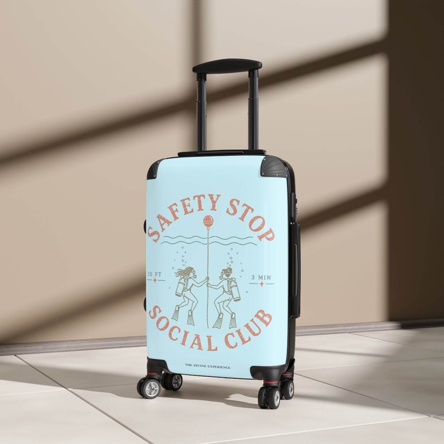 SAFETY STOP SOCIAL CLUB Carry-On Suitcase — Retro Dive-Themed Scuba Travel Luggage