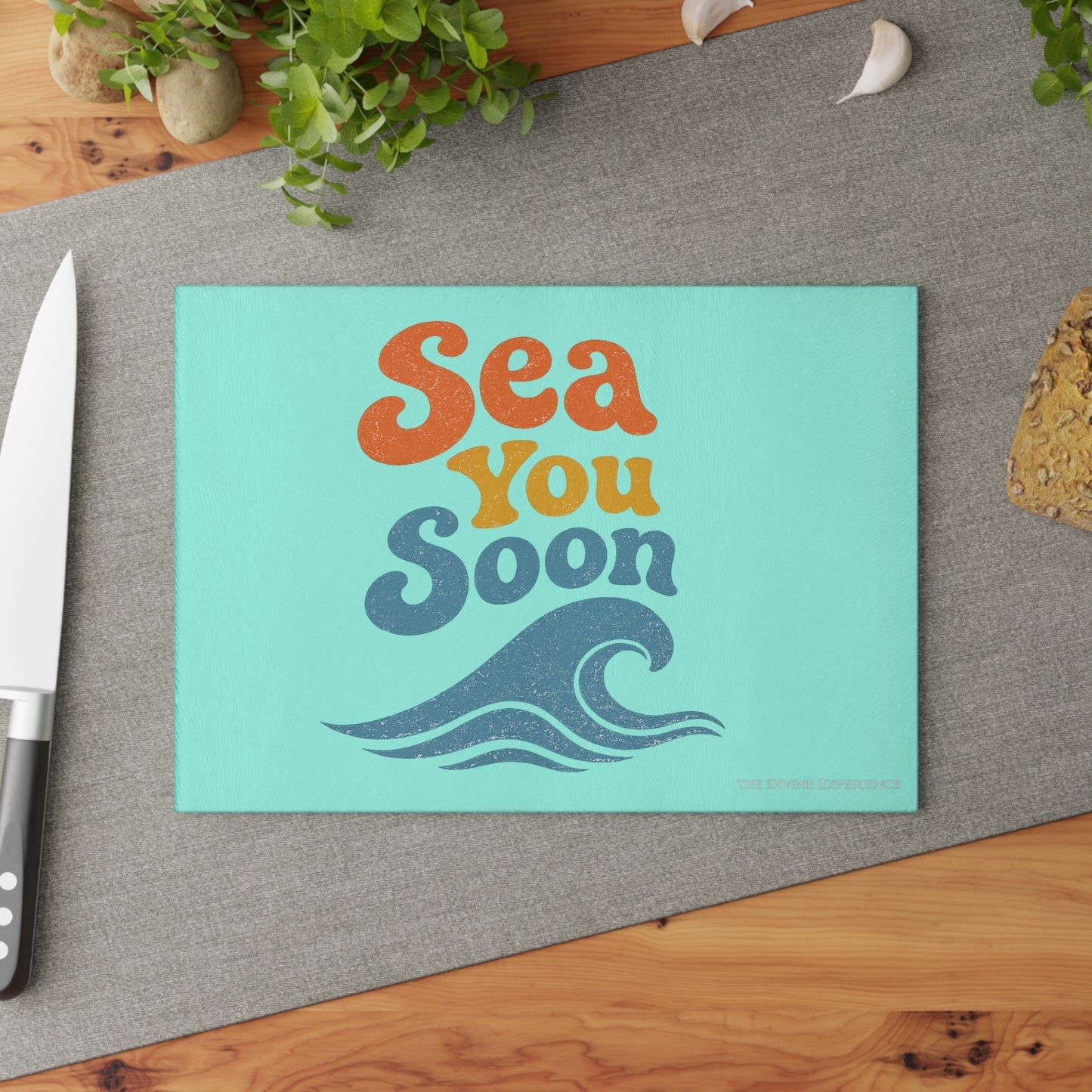 SEA YOU SOON Glass Cutting Board – Retro Beach Wave Kitchen Decor