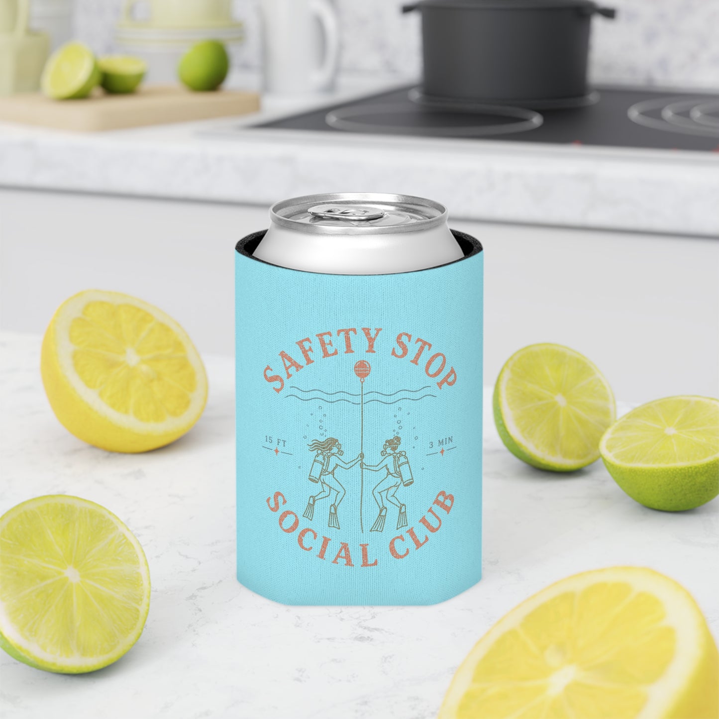SAFETY STOP SOCIAL CLUB Can Cooler – Scuba Divers Drink Koozie