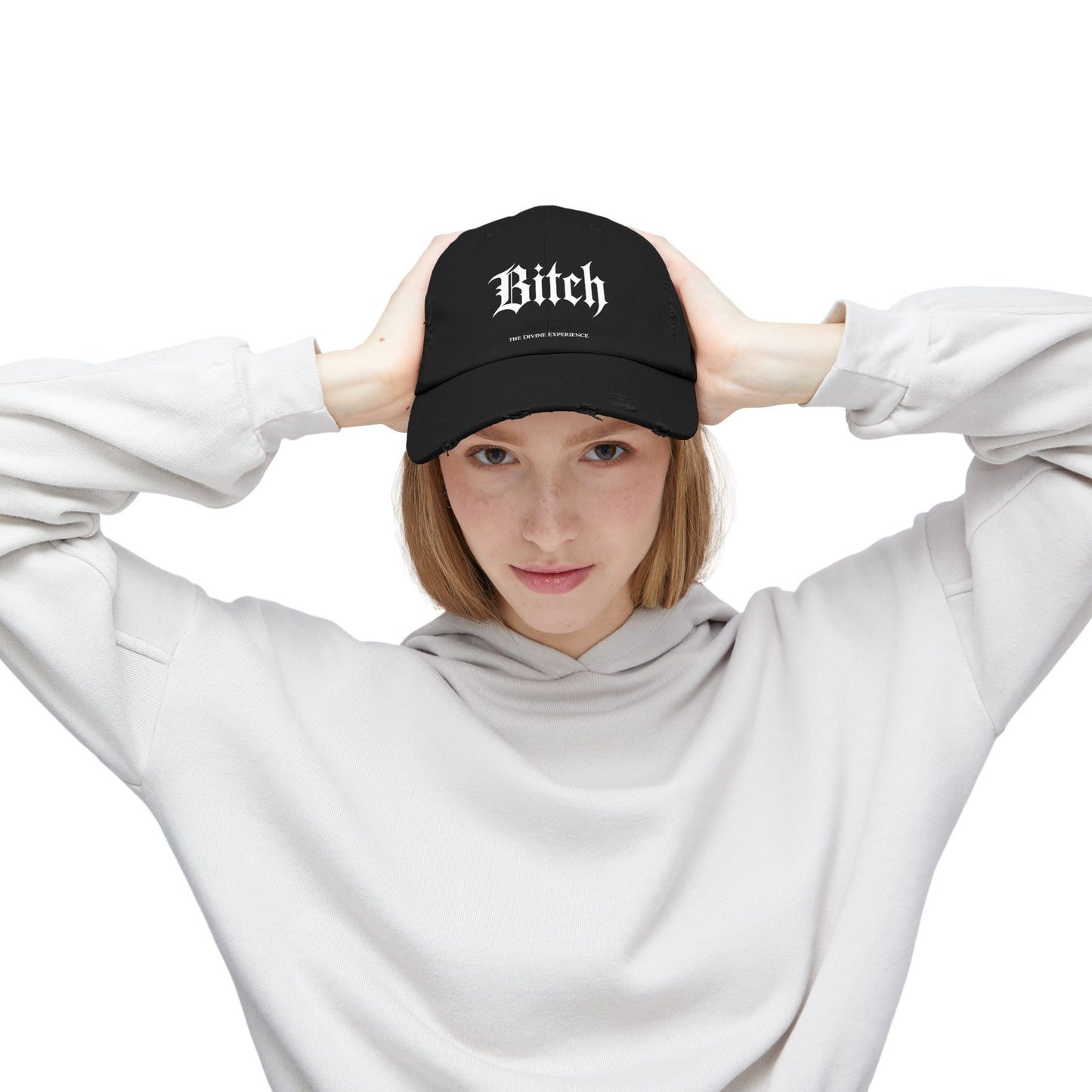 BITCH Distressed Cap – Gothic Script Embroidered Baseball Hat