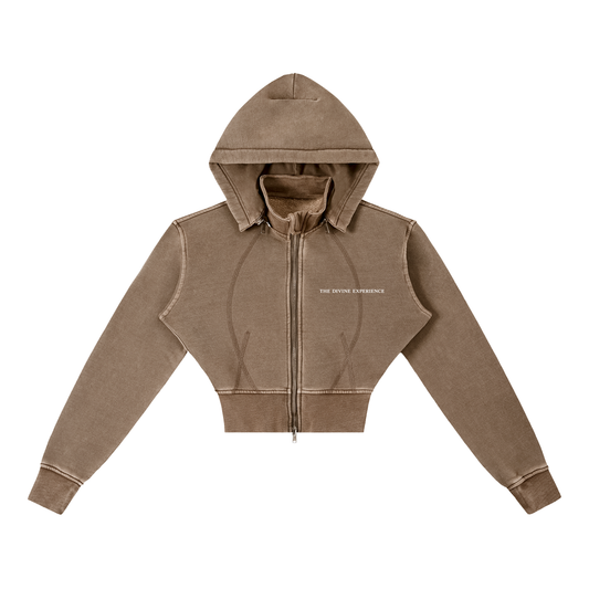 DIVINE EXPERIENCE Vintage Washed Cropped Fleece ZIP Hoodie