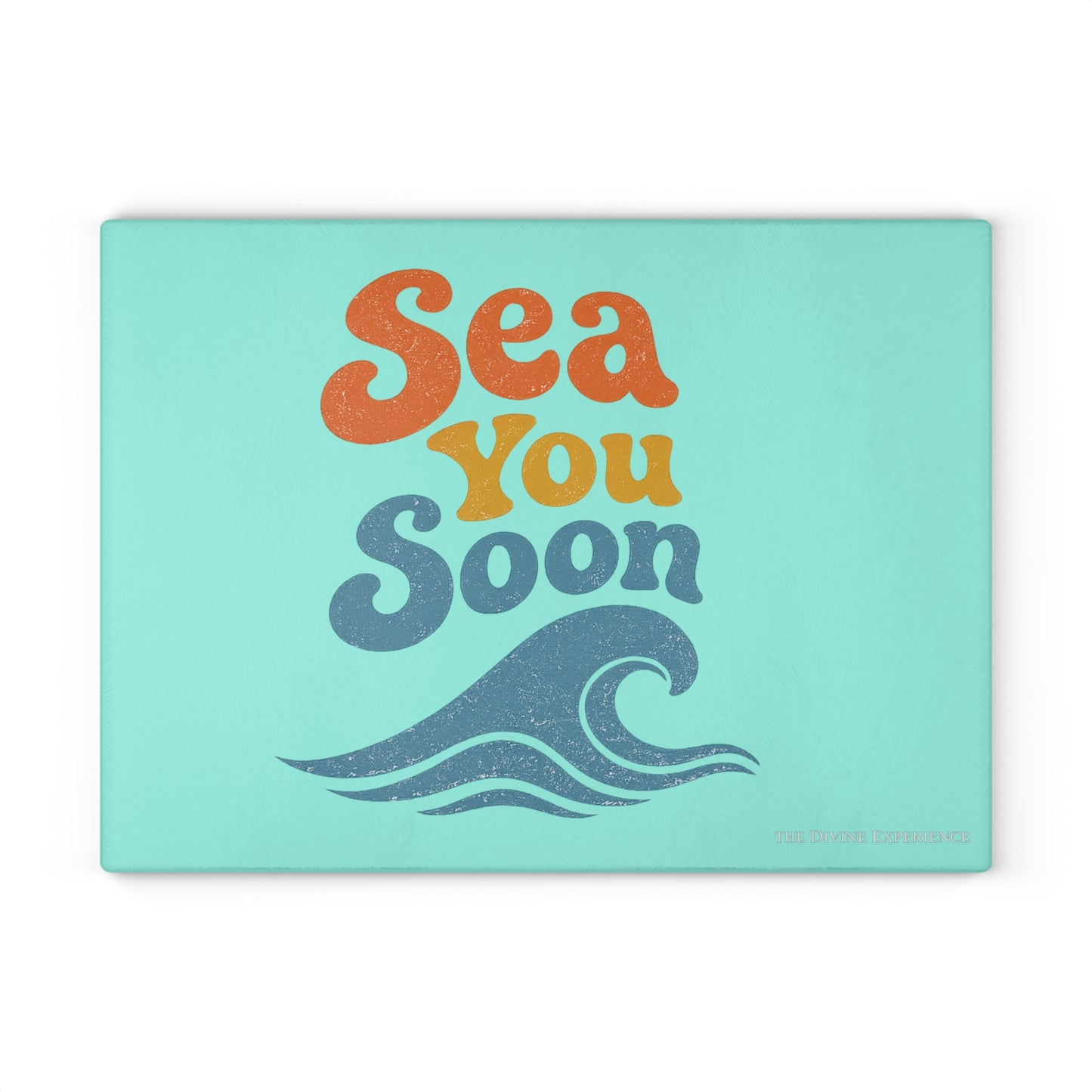 SEA YOU SOON Glass Cutting Board – Retro Beach Wave Kitchen Decor