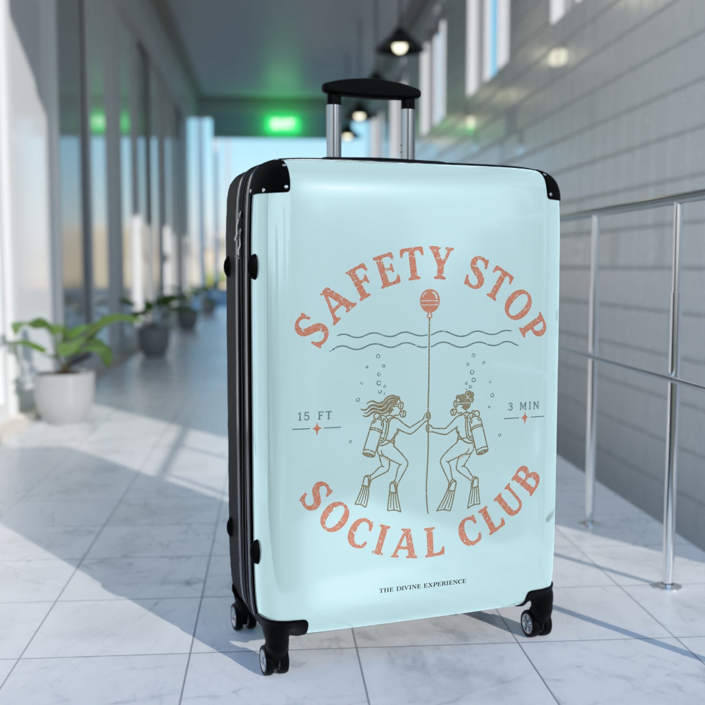 SAFETY STOP SOCIAL CLUB Carry-On Suitcase — Retro Dive-Themed Scuba Travel Luggage