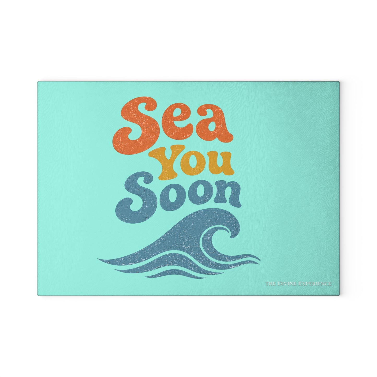 SEA YOU SOON Glass Cutting Board – Retro Beach Wave Kitchen Decor