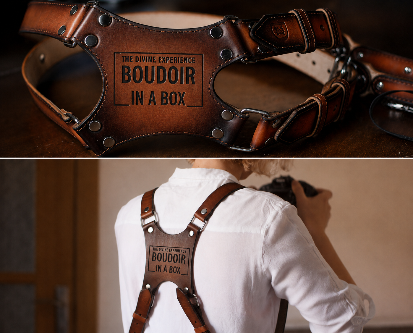 BOUDOIR IN A BOX Engraved Handcrafted Leather Luxury Dual Camera Harness