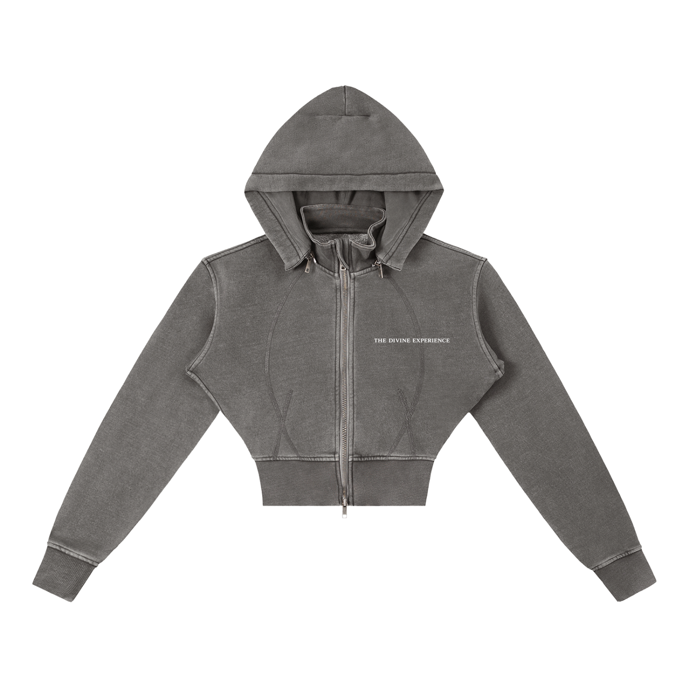 DIVINE EXPERIENCE Vintage Washed Cropped Fleece ZIP Hoodie