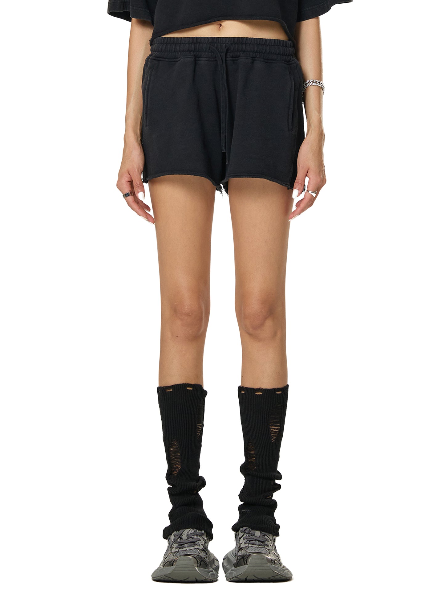 INTRUSIVE THOT Snow Washed Raw Edge Drawstring Shorts