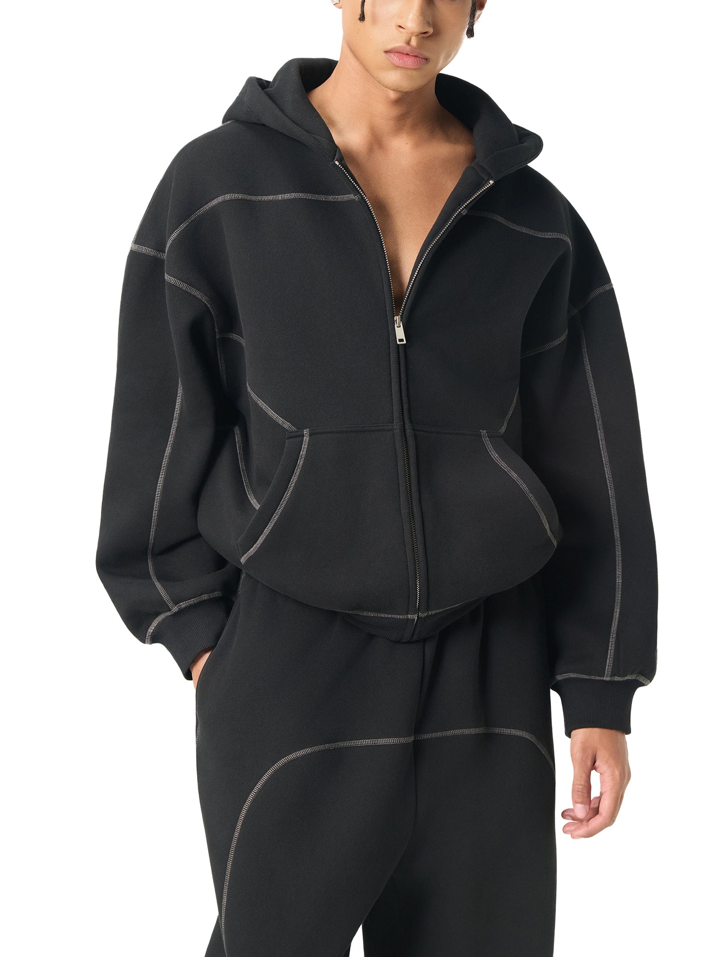 VISION BOARD Contrast-Stitched Boxy Fleece Zip Hoodie