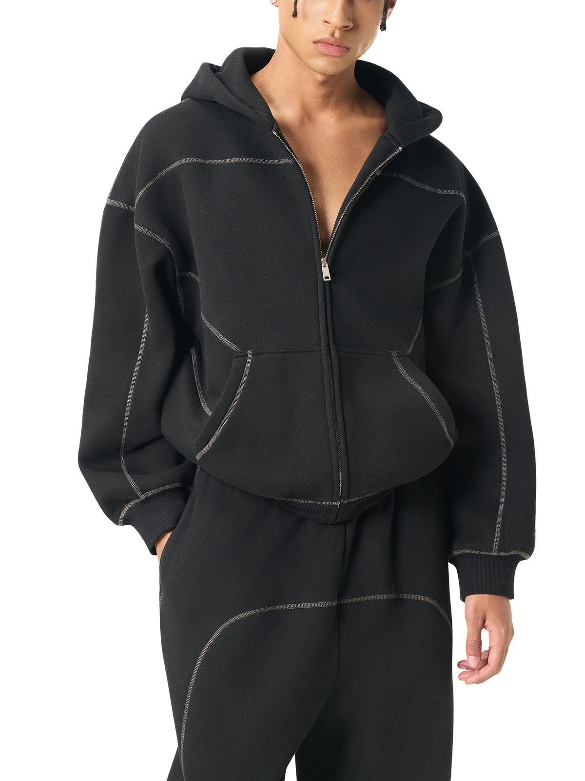 VISION BOARD Contrast-Stitched Boxy Fleece Zip Hoodie