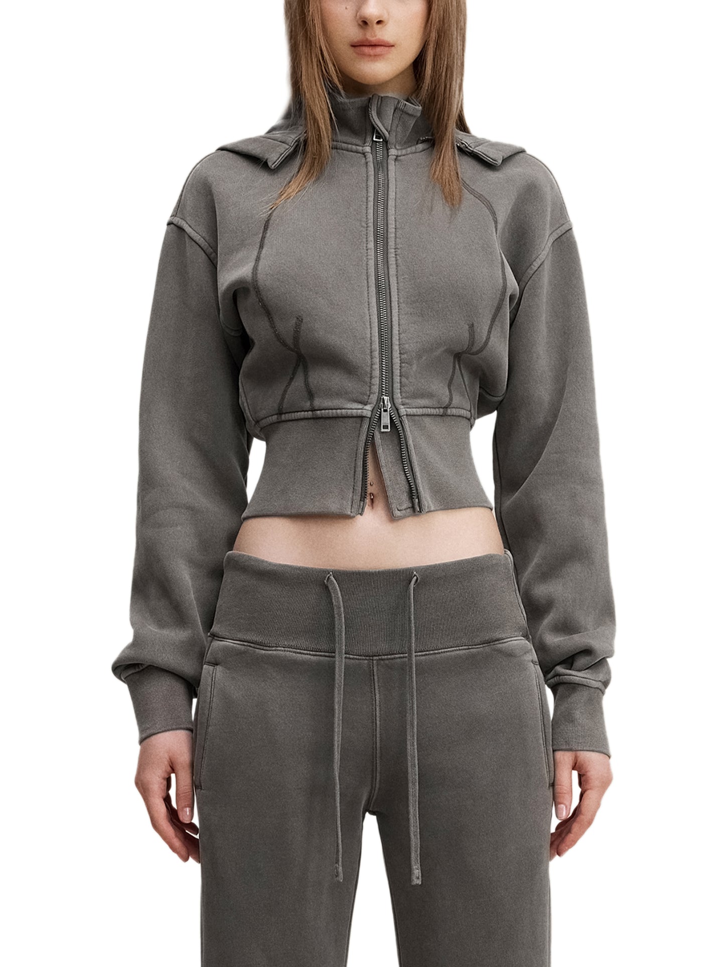 DIVINE EXPERIENCE Vintage Washed Cropped Fleece ZIP Hoodie